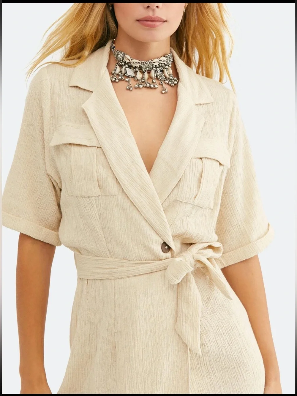Free people clementine crepe wrap belted mini dress in cream medium NWT